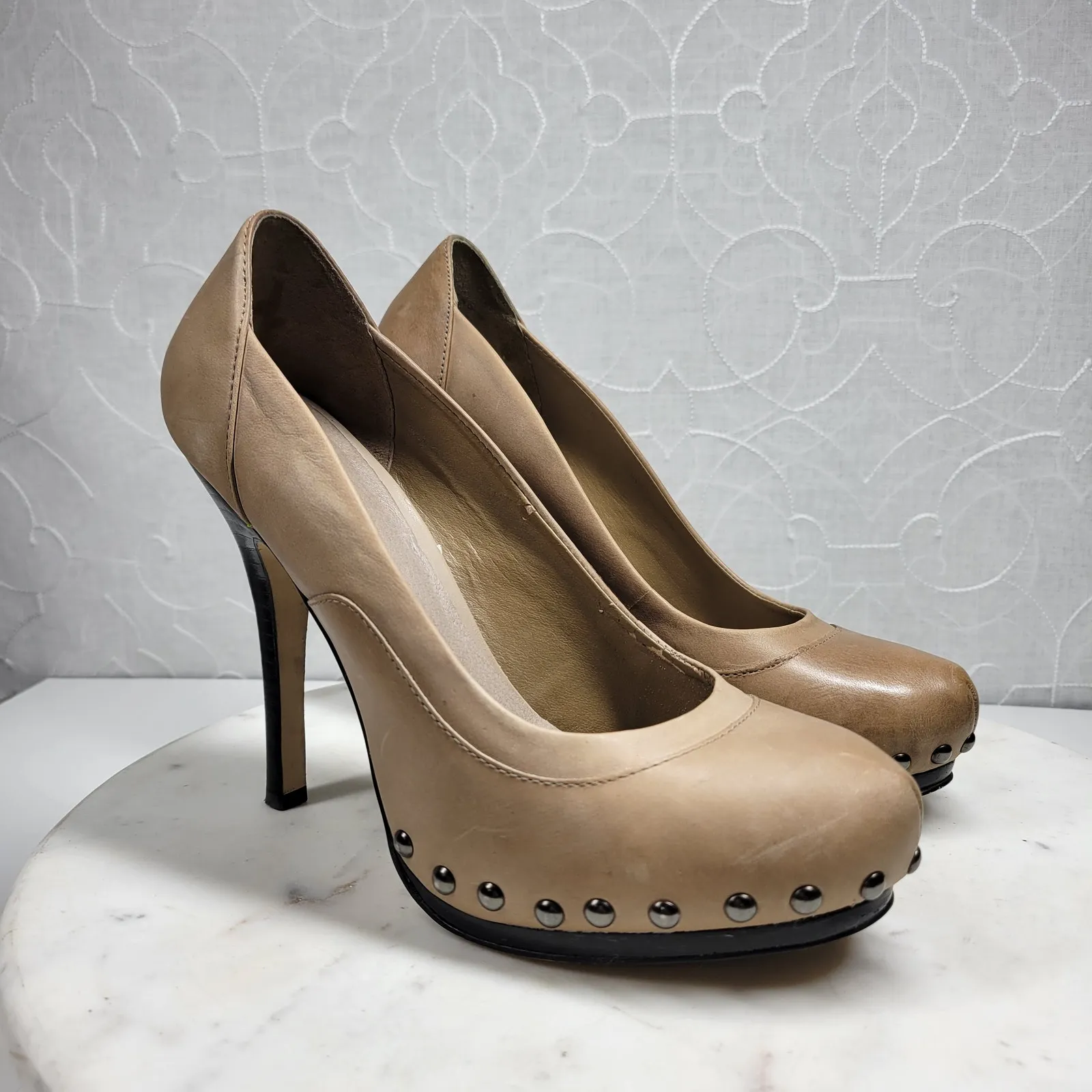 Aldo Stilettos Womens 39 US 8.5 Tan Leather Studded Rivets Platform‎ High Heels - Image 3