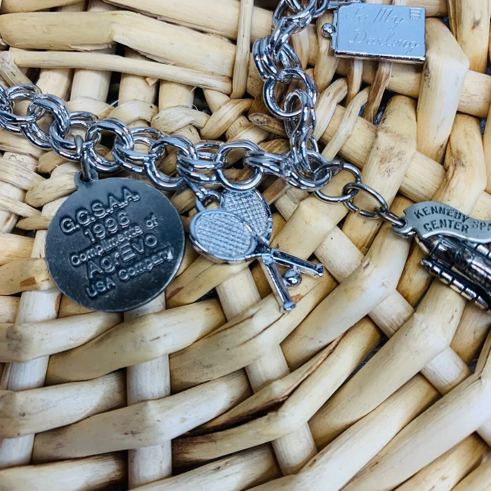 Silver Charm Bracelet Monet  w Charms Tennis Bible Spaceship Letter Orlando - Image 4