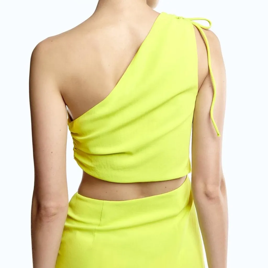 ZARA Green Yellow Ruched Dress Body Con One Shoulder MIDI Set Small - Image 9