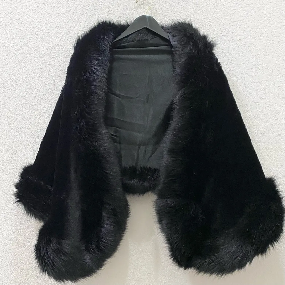 Cozy Soft Black Faux Fur Rectangular Cape Wrap Shawl 65”X 24” Size undefined - Image 7