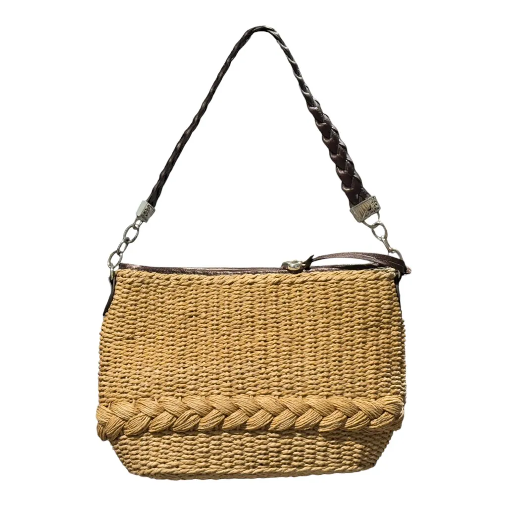 Brighton Brown Leather Trim Woven Straw Handbag Braided Accent Leopard Lining - Image 2