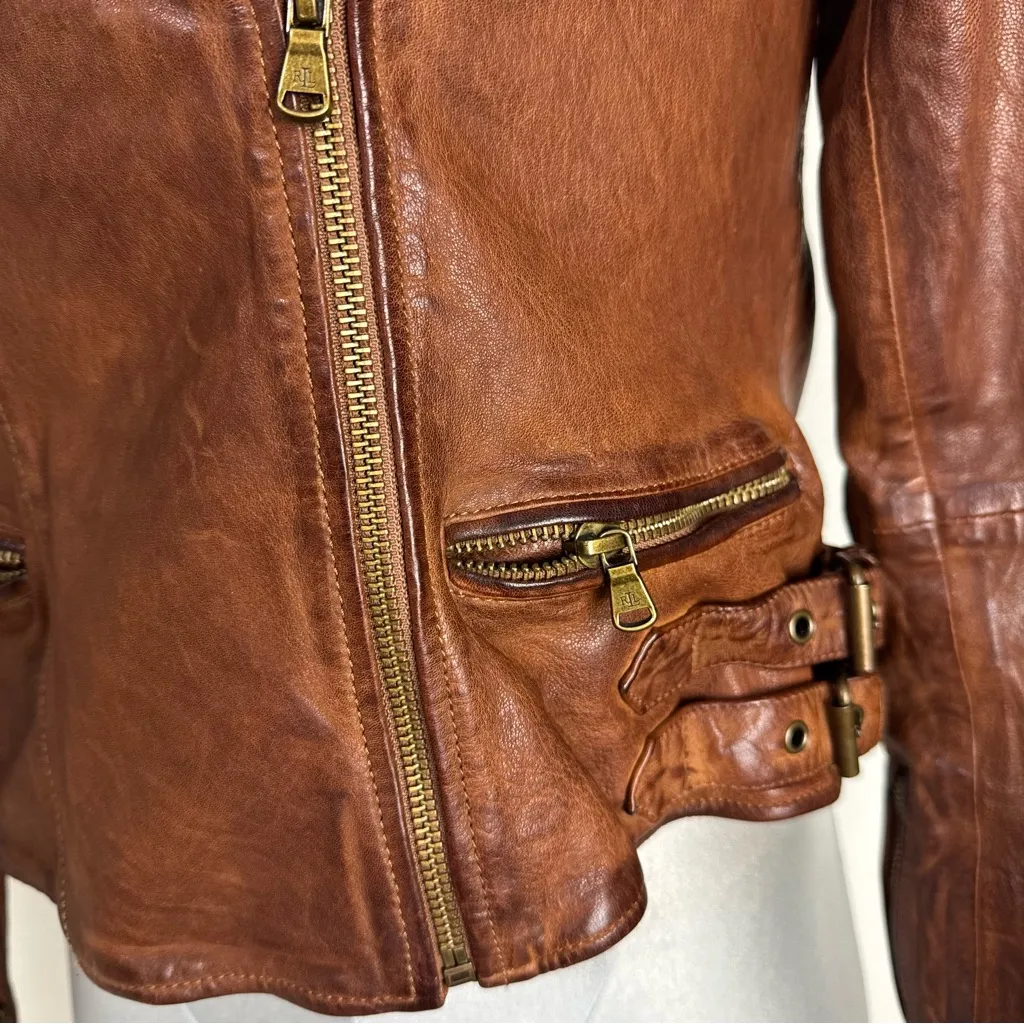 Lauren Ralph Lauren Burnished Lamb Leather Moto Jacket Size 4 Dark Walnut Zipper Brown - Image 4
