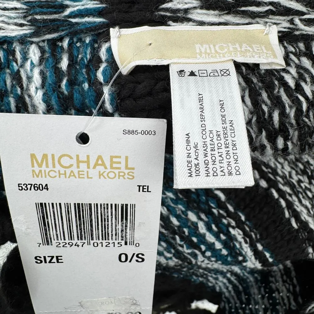 Michael Kors women's scarf teal black striped embellished fringe studded NEW - Image 4