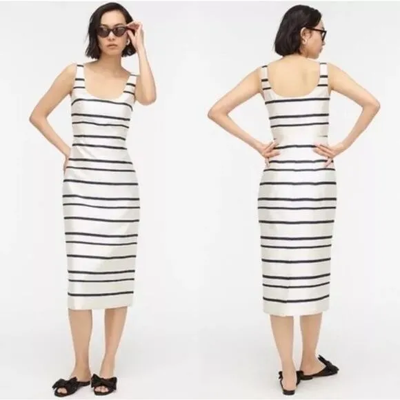 New J. Crew Jacquard Stripe Midi Dress Scoop Neck Sz 0 Navy & Ivory Ak231 Womens - Image 2