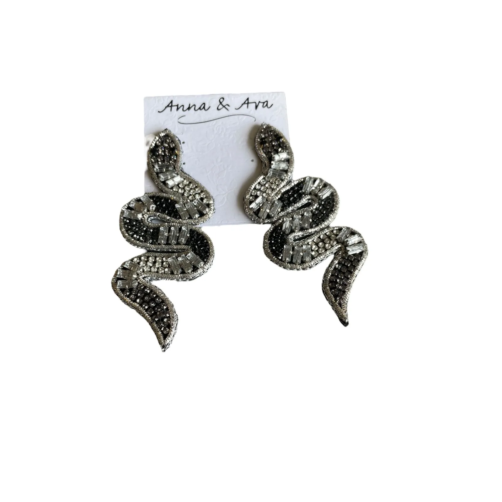Anna & Ava Snake Dangle‎ Earrings Black Silver Rhinestone Statement - Image 2