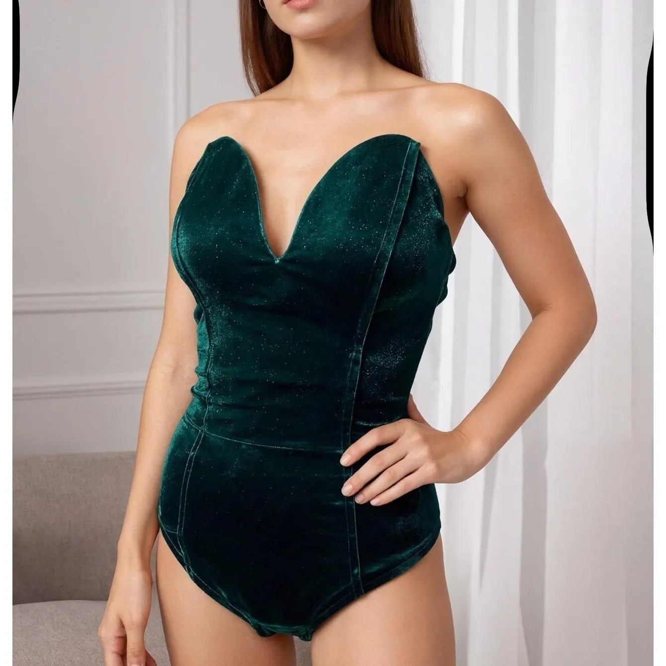 NWT Velvet Sweetheart Neck Strapless Bodysuit Bustier Top Cross Back XL Green - Image 6
