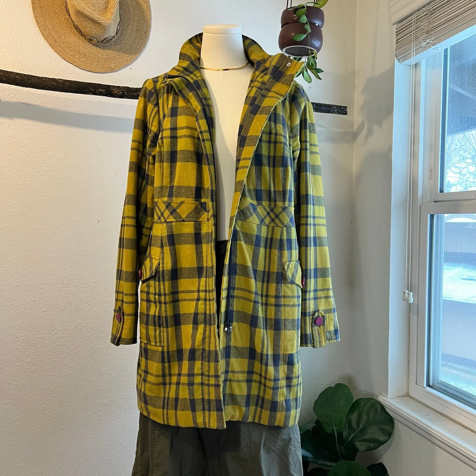 Xhilaration Yellow Blue Plaid Print Purple Buttons Long Zip Up Coat Size Large - Image 13