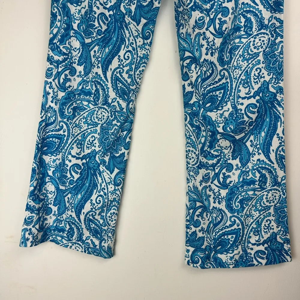 NWOT ZARA Linen Blend Trouser Pants Sz 6 Kick Flare Hem Blue Paisley Print - Image 14