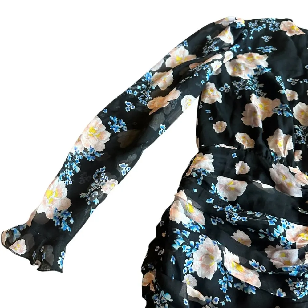 Sau Lee Sienna Black Floral Dress Long Sleeve Ruched 100% Silk Size 6 Women's - Image 5