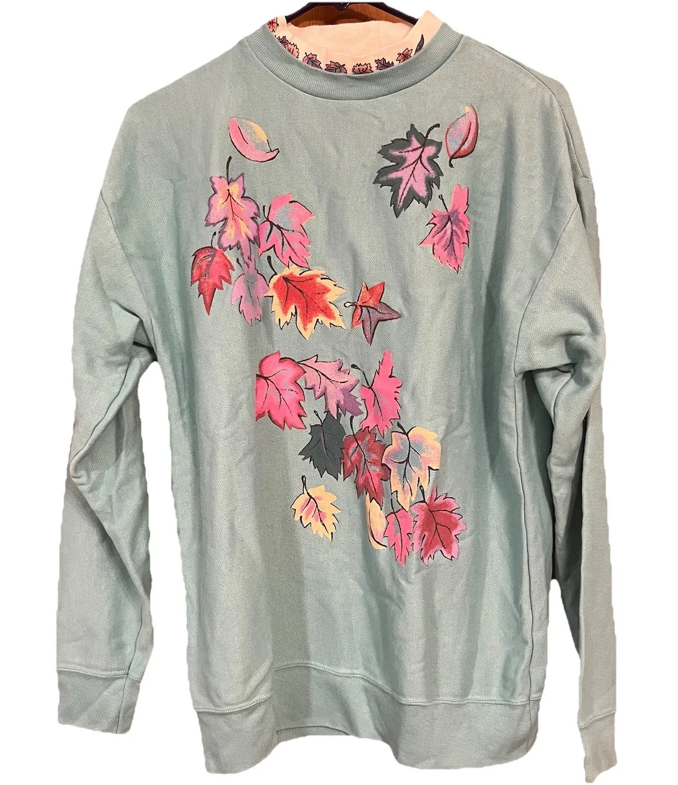 Vintage blue Mock Turtleneck Granny sweatshirt With Leaves - Image 1