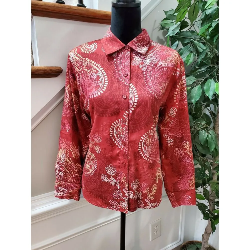 Westbound Women's Red Floral Cotton Long Sleeve Collared Button Down Shirt PL - Image 10