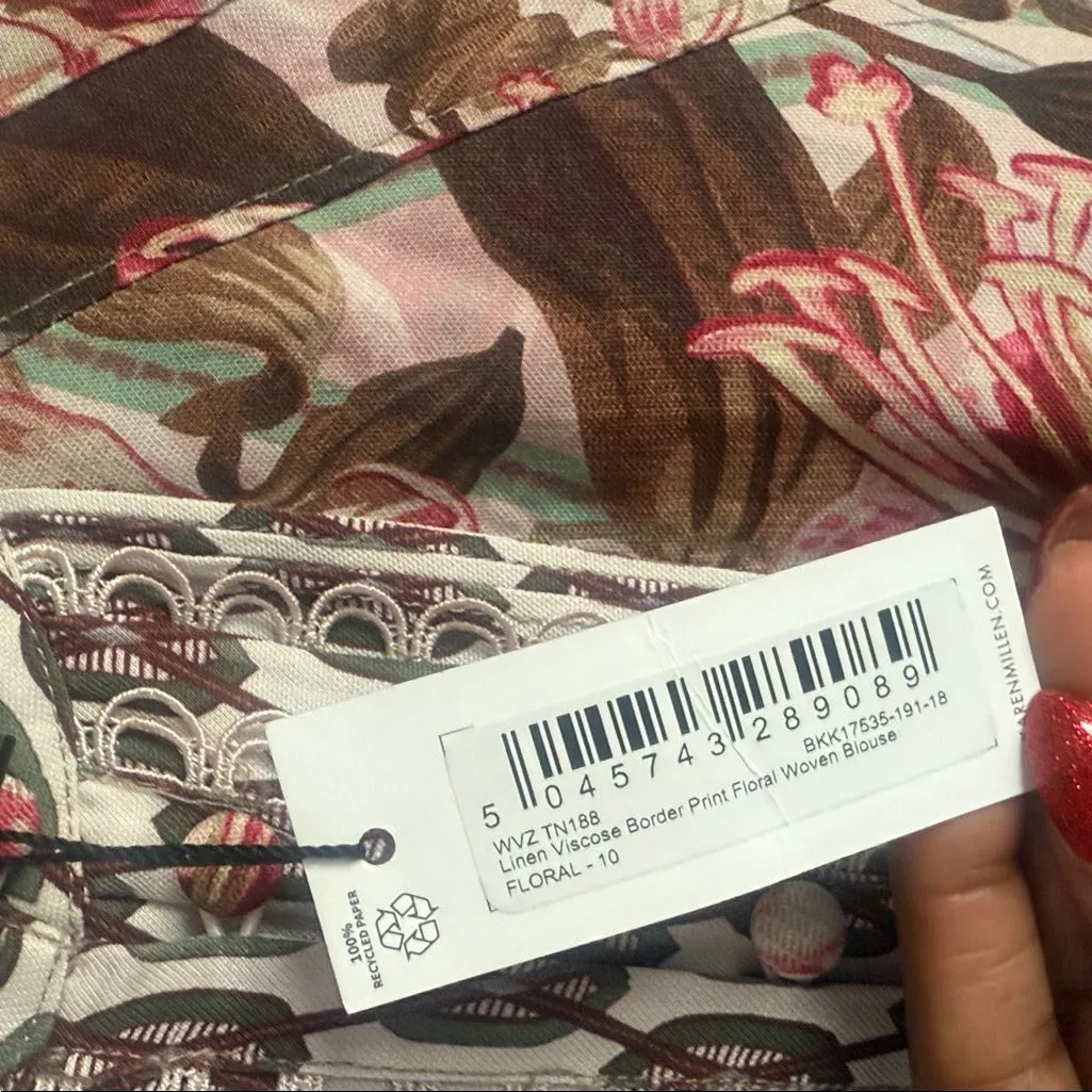 NEW Karen Millen Linen Viscose Border Print Floral Woven Blouse 6 - Image 7