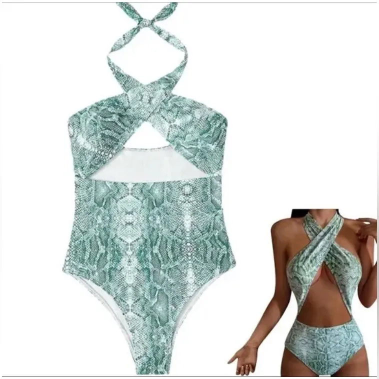 Women’s green Snakeskin Print One Piece Swimsuit Size L - Image 2