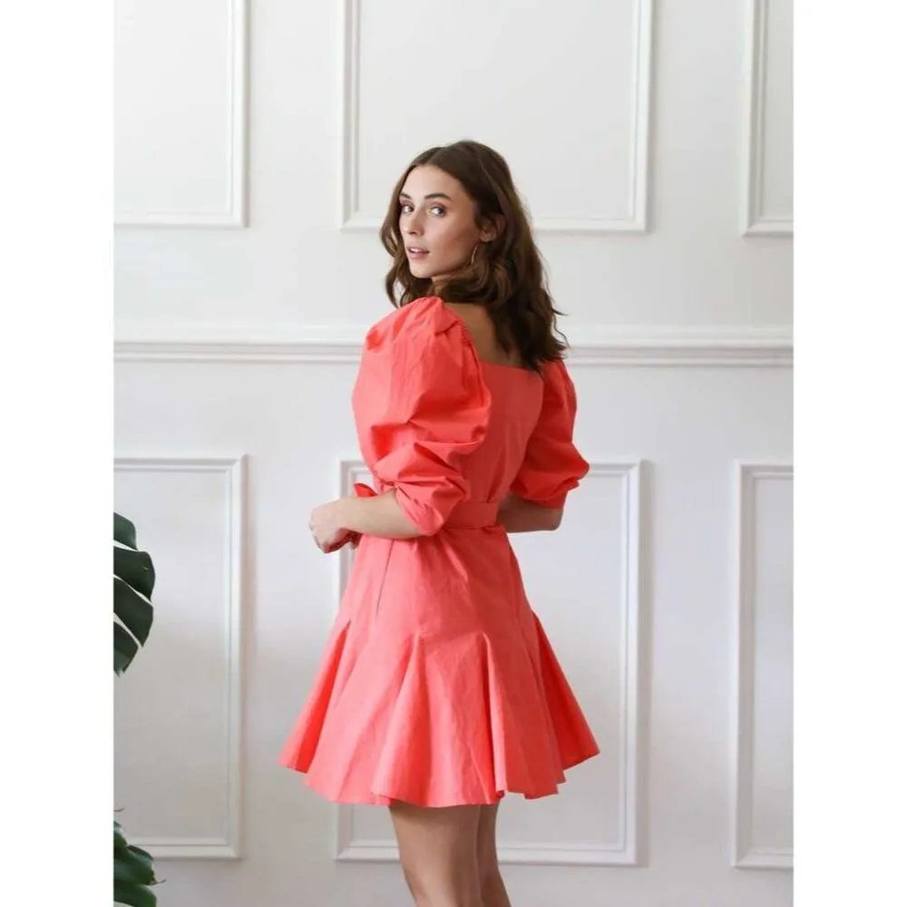 NWT MILLE Resortwear Anais Puff Sleeve Tie Waist Minidress in Melon‎ Pink Medium - Image 3