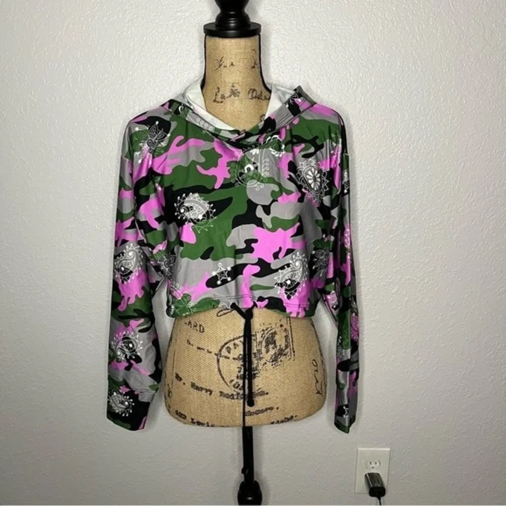 Koral Womens Paisley Camo Clover Energy Active Crop Hoodie Bandana Troop sz S - Image 13
