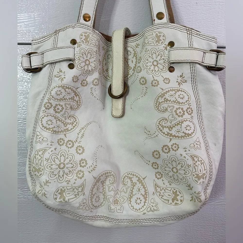 Y2K Lucky Brand White Paisley Print Leather Tote Bag Purse - Image 3