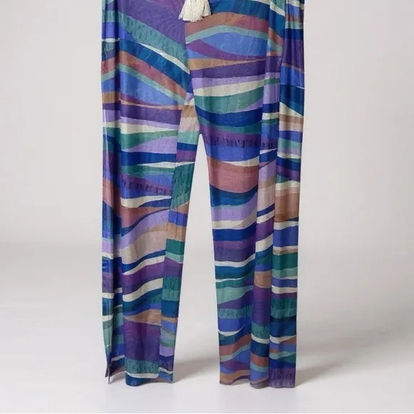 BECCA Swim Multicolor Sheer Wide Leg Pants Small Drawstring‎ Tassel Cover Up - Image 4