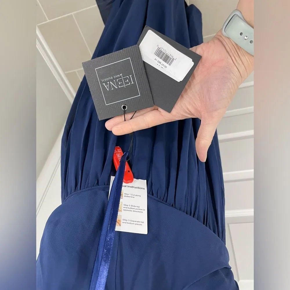 NWT Mac Duggal Ieena Bejeweled Neckline Pleated Chiffon Gown Size‎ 14 Navy Blue - Image 13