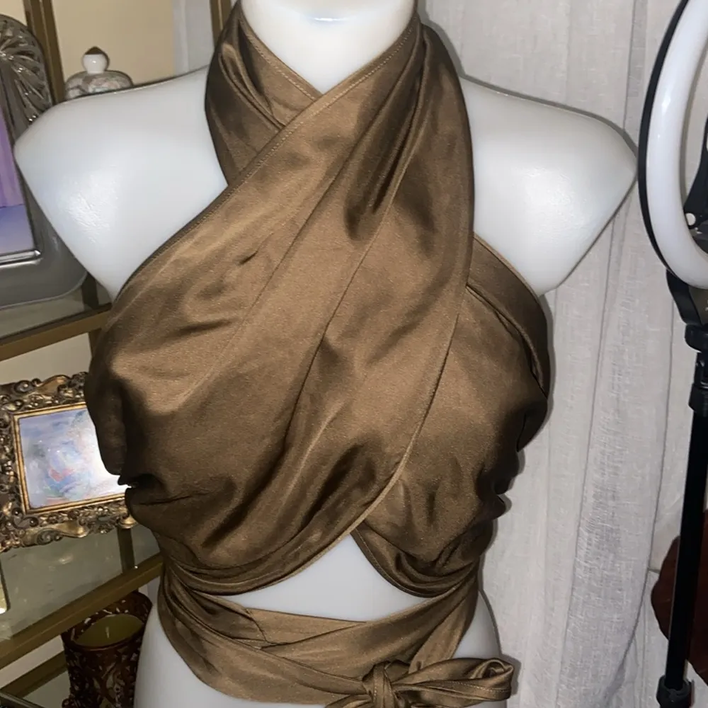 LPA Sleeveless Gathered Wrap Tie Satin Cropped Top 532 Taupe - Image 7