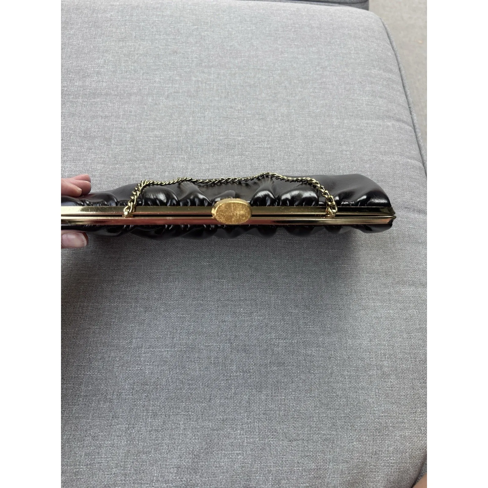 Vintage 70's 80's Dark Brown Clutch Bag Gold Tone Trim Chain Retro Silver - Image 9