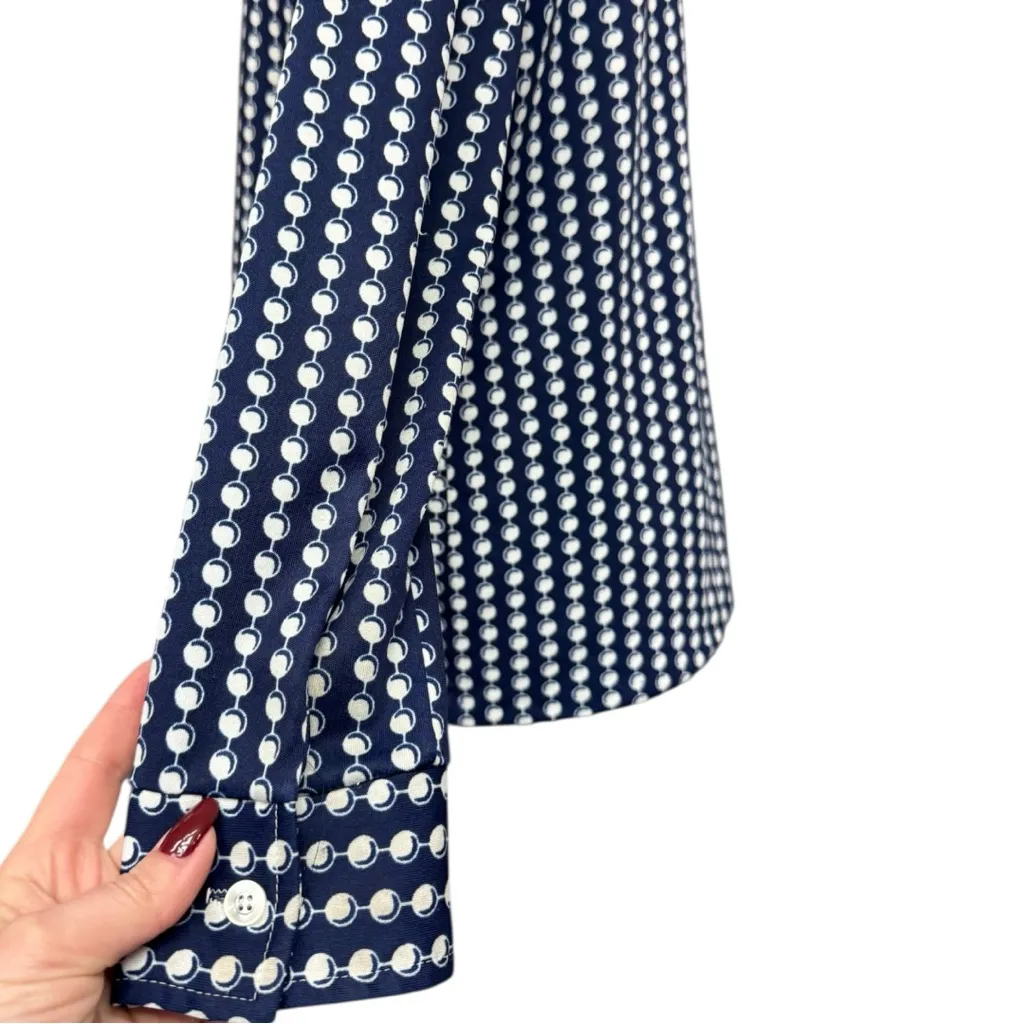 Vintage 1970s Navy & White Disco Dagger Collar Blouse Circles Print Button Front Blue Size L - Image 5