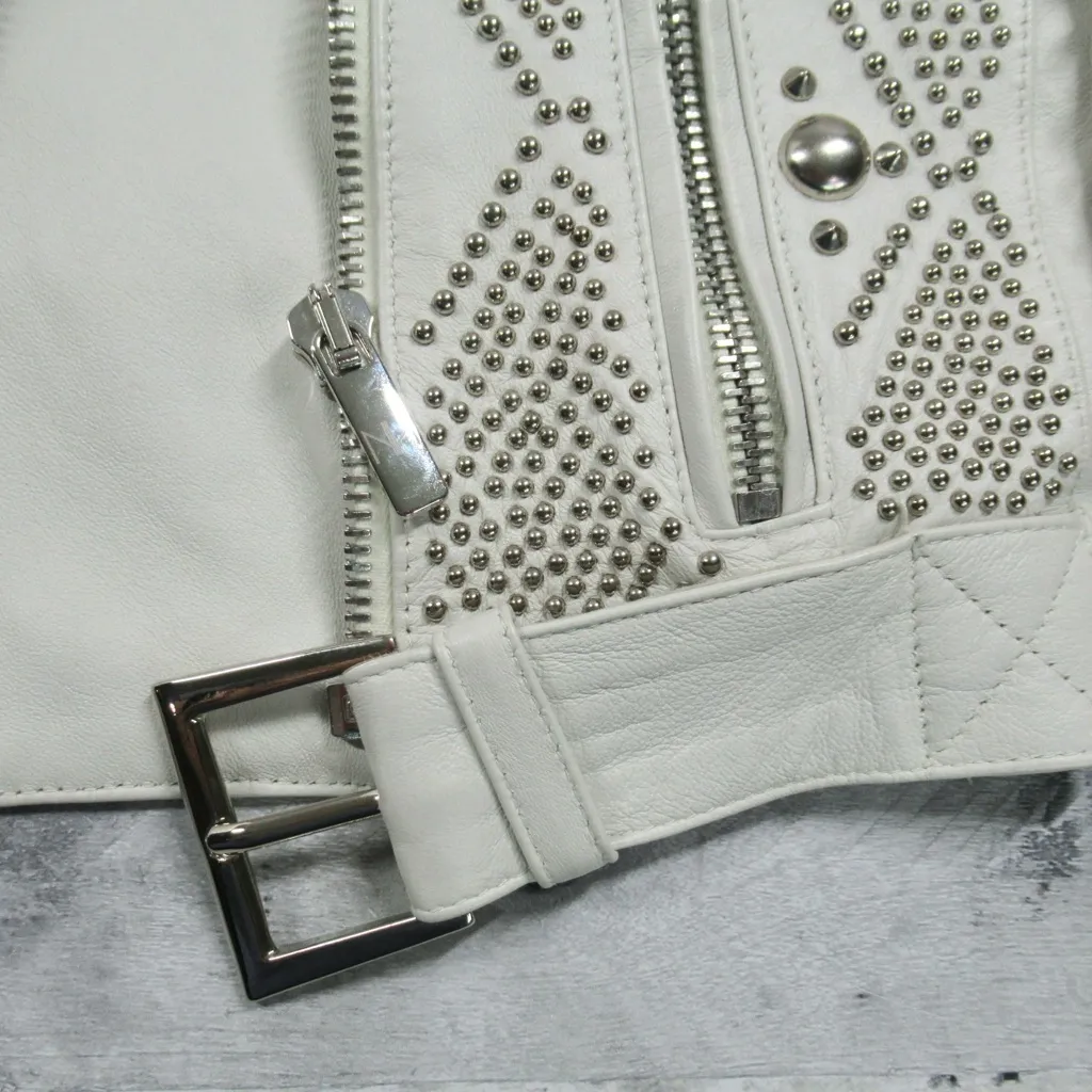 NOUR HAMMOUR White Studded Lambskin Leather Moto Jacket Women's 42 US Size 10 - Image 12