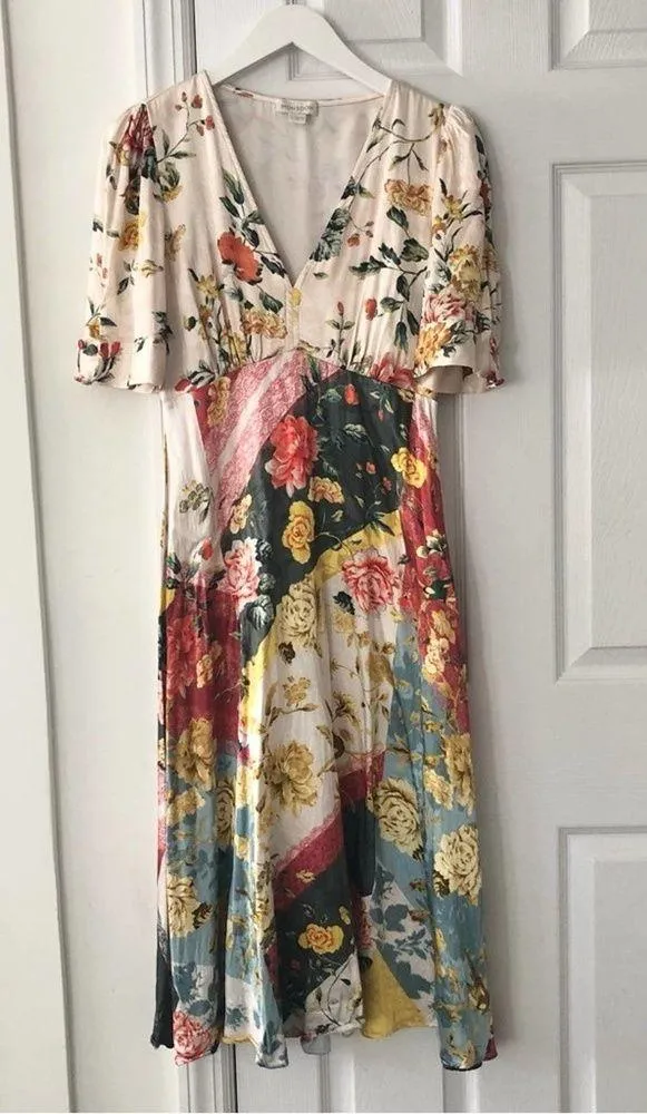 Monsoon ASOS OANA Ivory Floral Abstract Print Satin Tea Evening Dress 6US Medium - Image 3