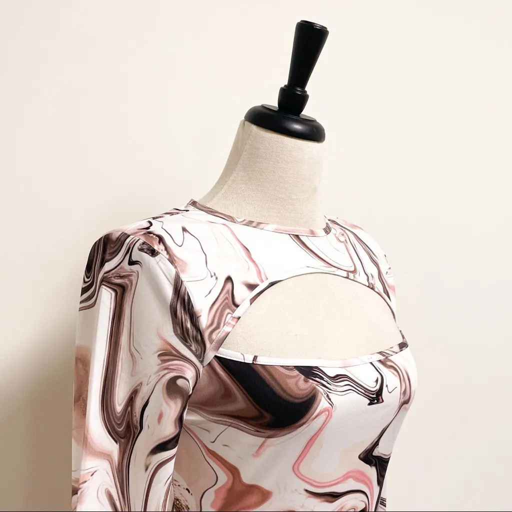 Shein Marble Swirl Keyhole Long Sleeve Bodysuit Large Pink Ivory Mauve Brown - Image 3