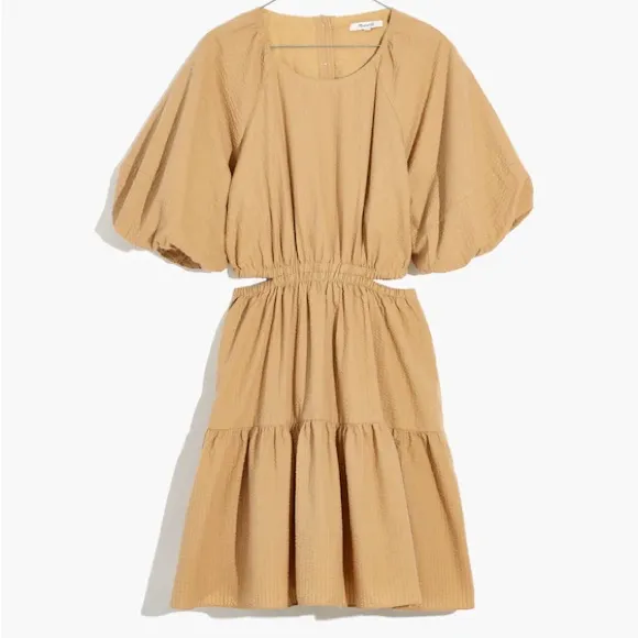 Madewell Seersucker Puff-Sleeve Cutout Mini Dress Seed Khaki Women’s Size Small - Image 6