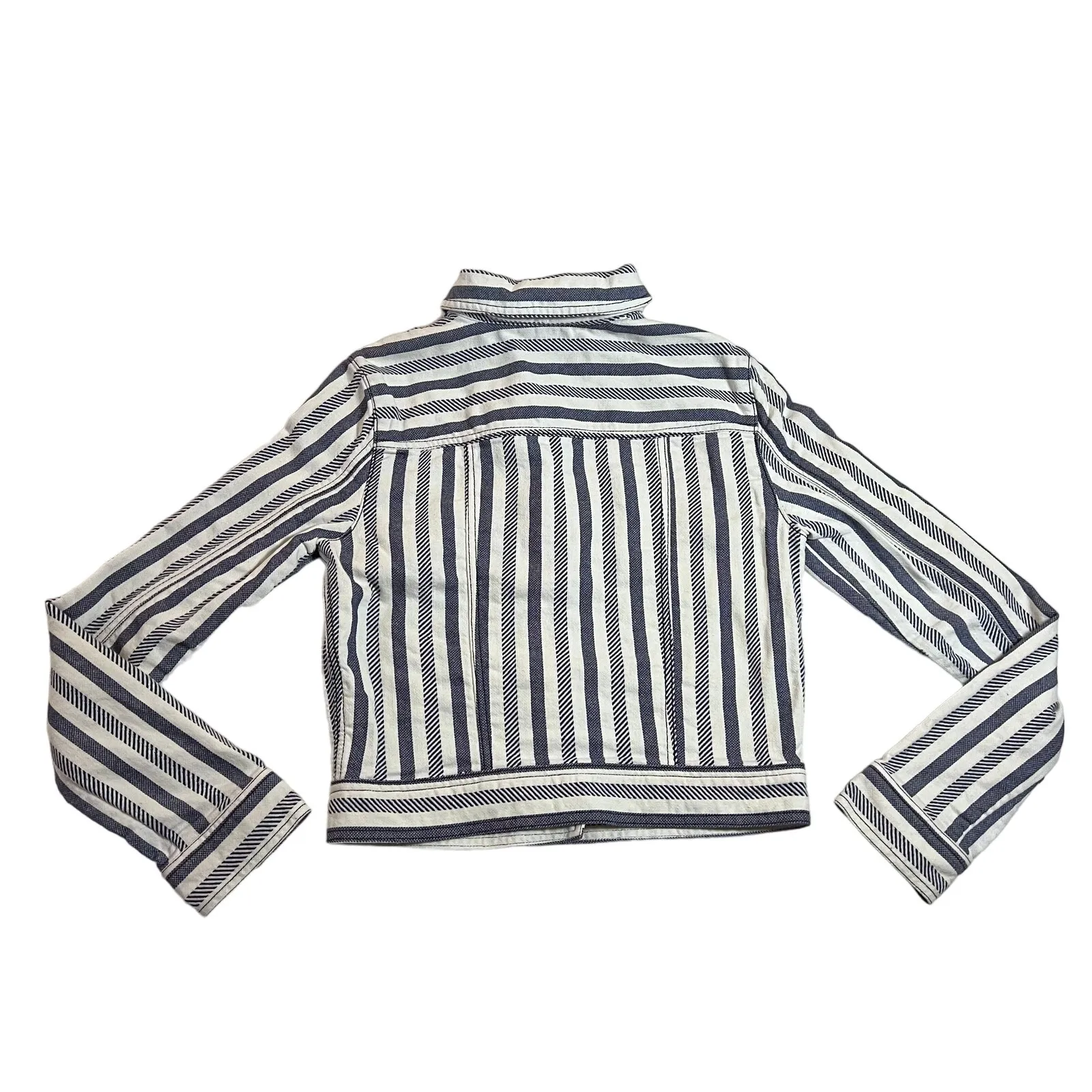 Hinge Stripe Cropped Soft Fabric Denim Jacket Size Small Coastal Nautical Casual - Image 2