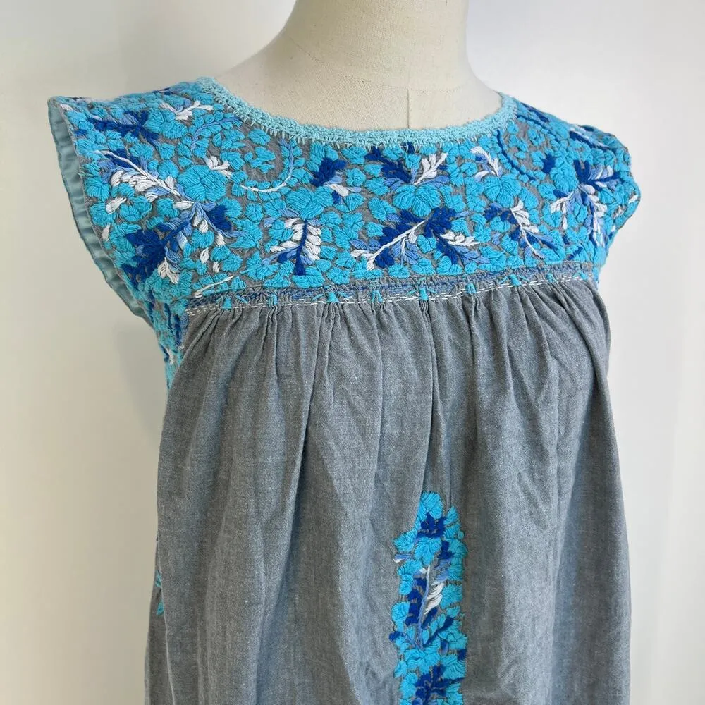 Mi Golondrina Arroyo Mini Dress Blue Floral Embroidered Cotton Size XS - Image 2