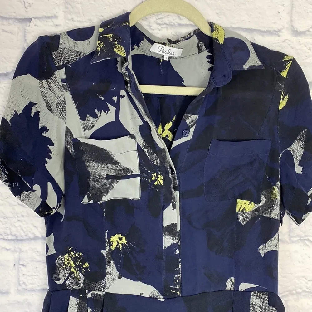 Parker Arcadia navy blue floral silk short sleeve shirt dress small - Image 3