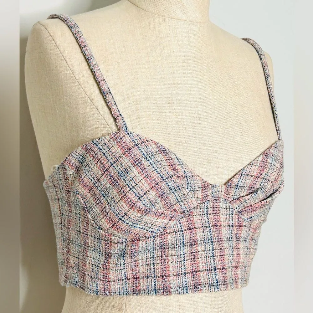 NEW Zara Tweed Boucle Knit Corset Crop Top Bralette Pink & Blue Metallic Medium - Image 3