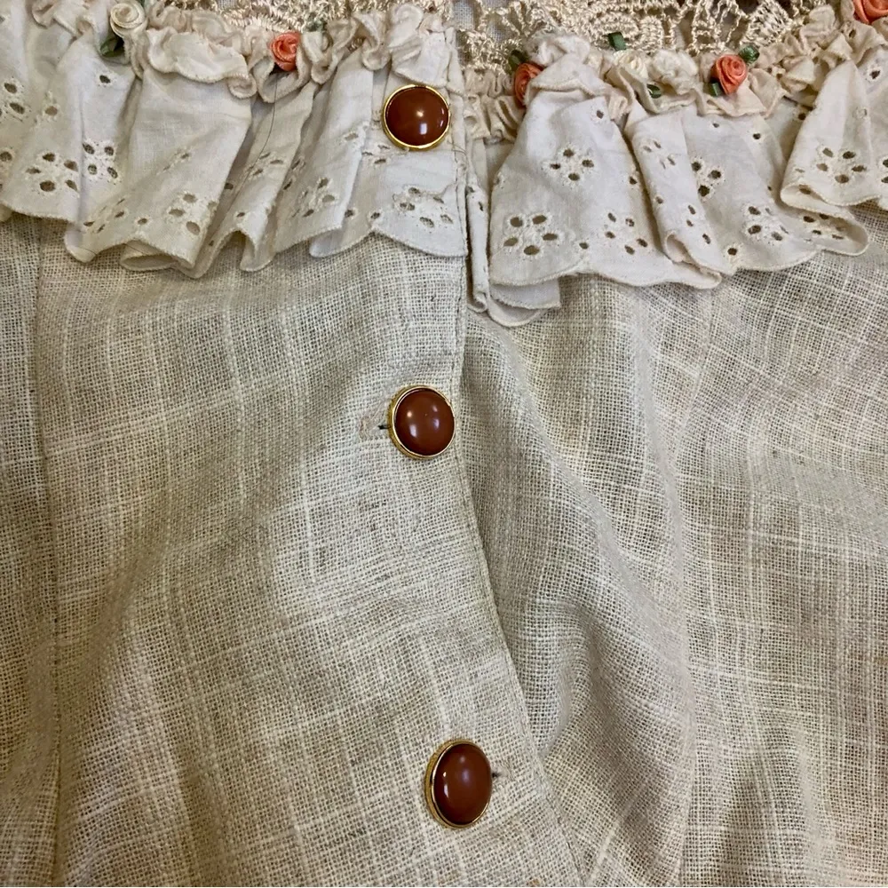 Vintage Maick Harold French Tiered Linen Ruffle Button Down Shirt Rosettes XS - Image 5