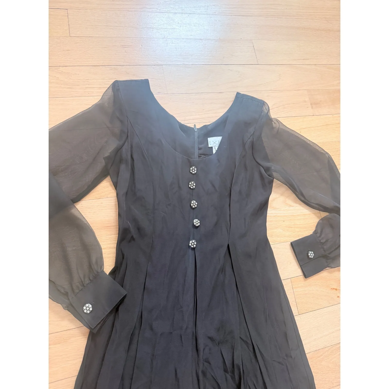 EXPO vintage Black Sheer Sleeve Button Front Wide Leg Jumpsuit Women's Size 4 - Image 2