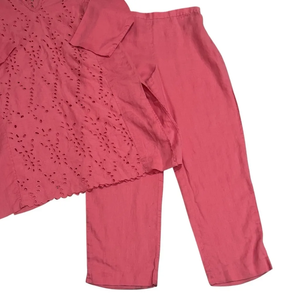 Bloomingdale's Blush Pink Eyelet Detail Tunic Top‎ Pant Set 100% Linen Size M/8 Size M - Image 4
