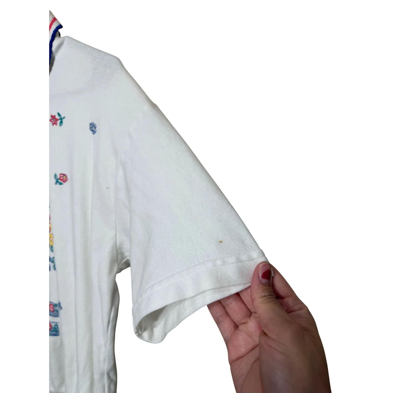 act III Womens White Floral Bow Short Sleeve Collared Sweatshirt Top Made in USA Size L - Image 4