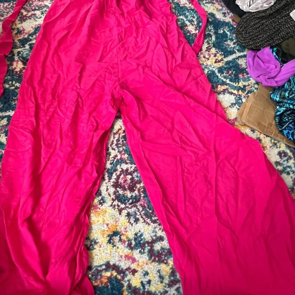 NWT Rusttydustty Hot Pink Geometric Embroidered Tube Top Wide Leg Jumpsuit M Size M - Image 3