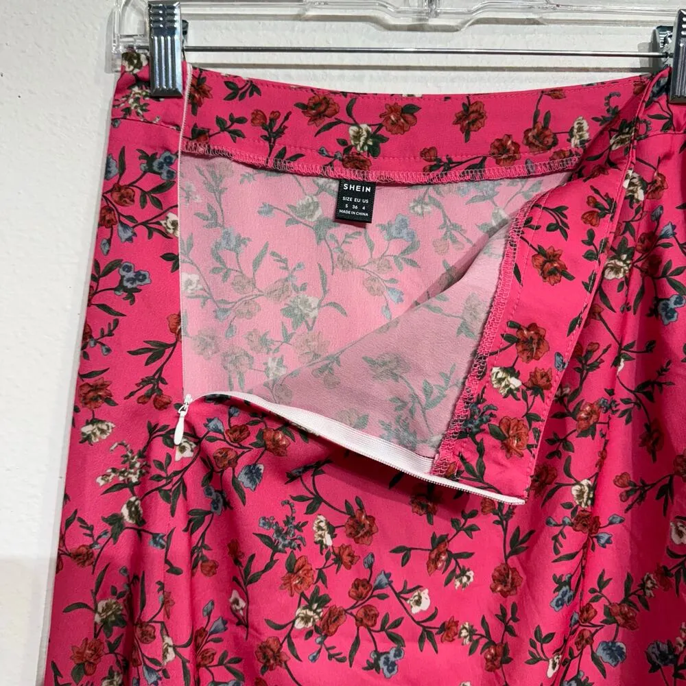 SHEIN Hot Pink Holiday Ditsy Floral Print Ruffle Trim Asymmetrical Skirt Sz 4 - Image 5