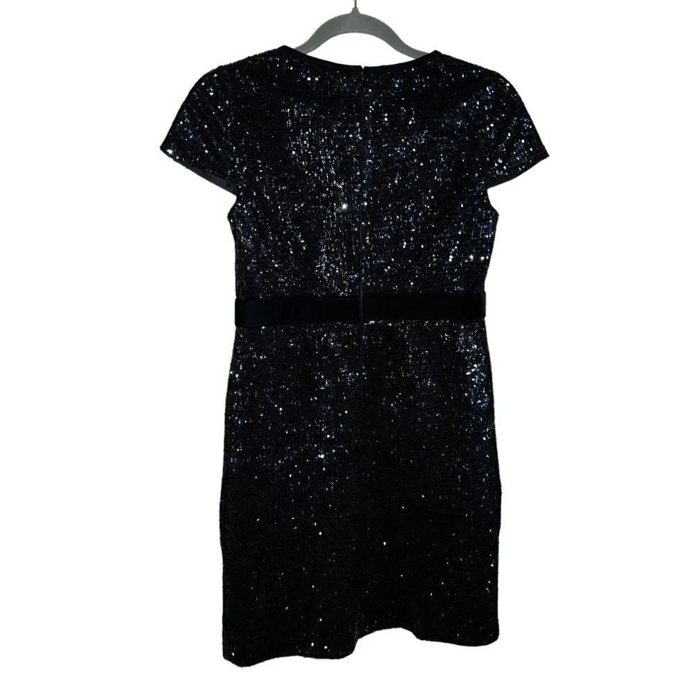 Maje Ketsia Midnight Blue Sequin Mini Dress Bow Waist Velvet Trim Party Cocktail - Image 6
