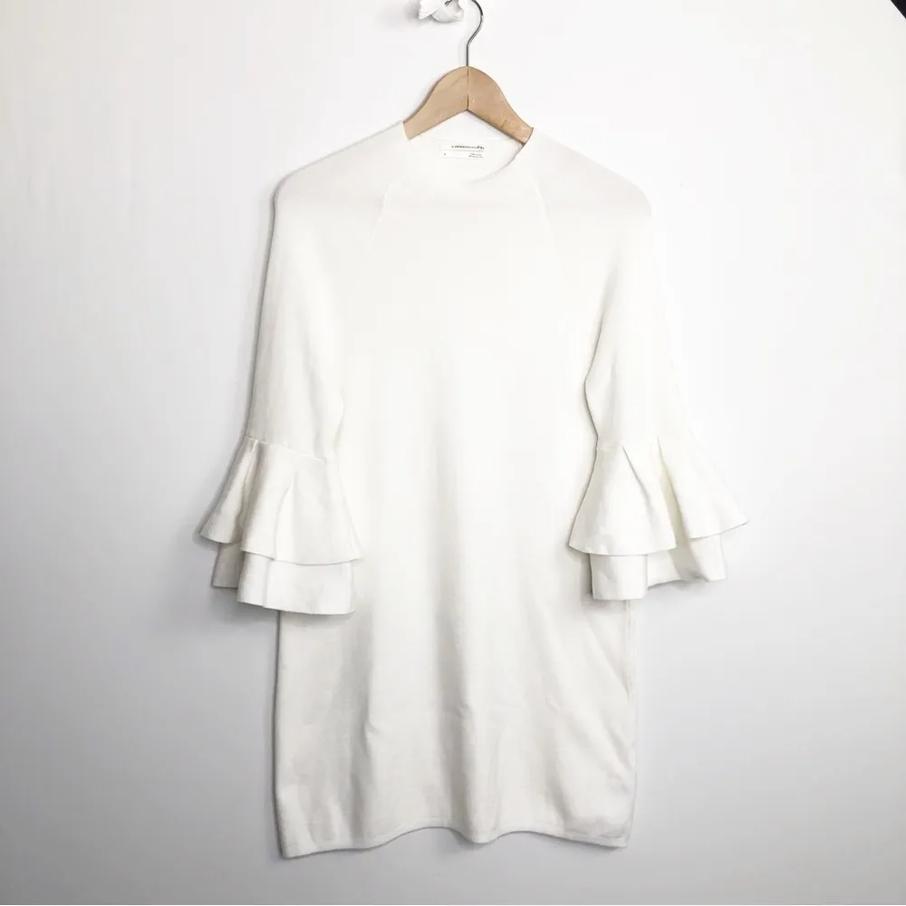 𝅺Anthropologie ivory knit double ruffle sleeve winter white dress - Image 6