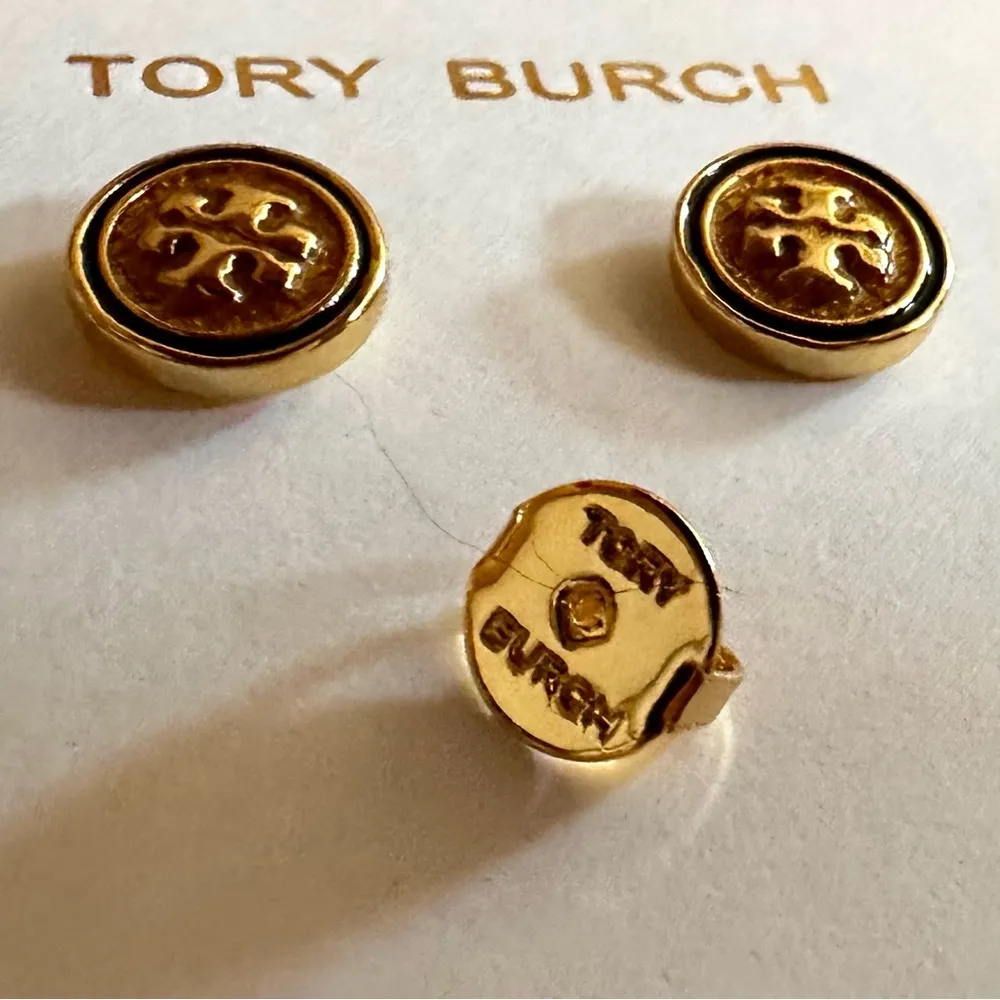 New Tory Burch Auth. KIRA GUILLOCHÉ CIRCLE-STUD EARRING; Gold/Black - Image 2