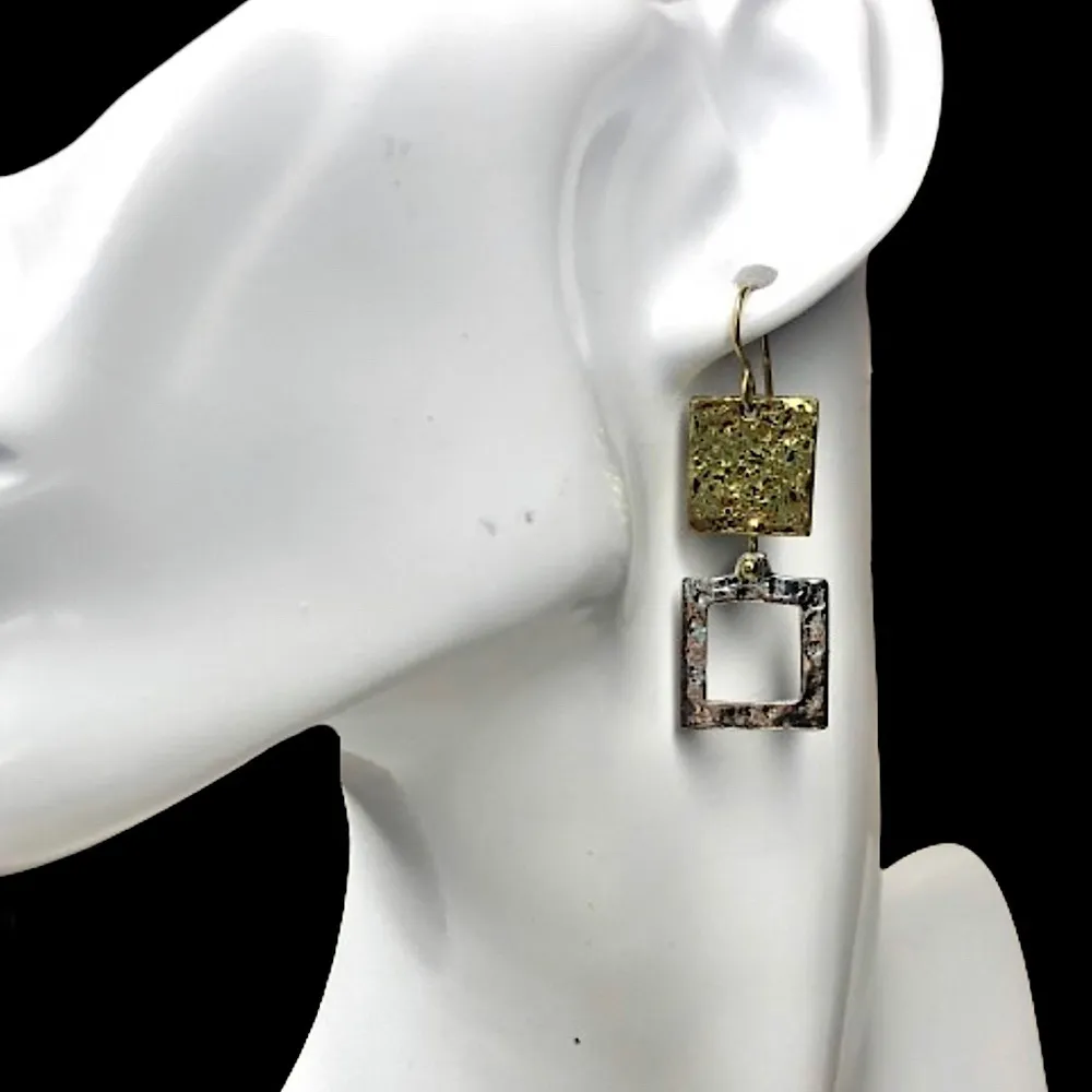 HAMMERED Two Tone Square Earrings and Bracelet Set Gold - Image 6