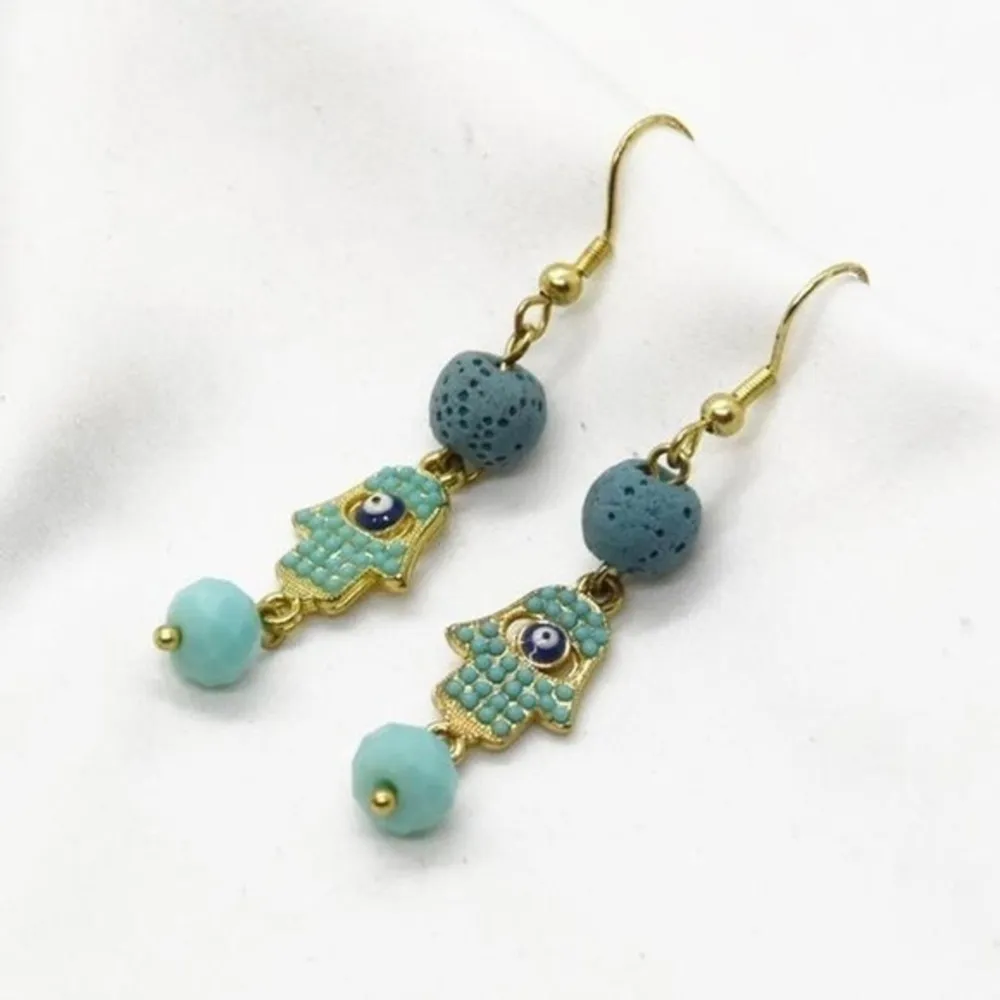 Teal Stone Hamsa Earrings Blue - Image 2