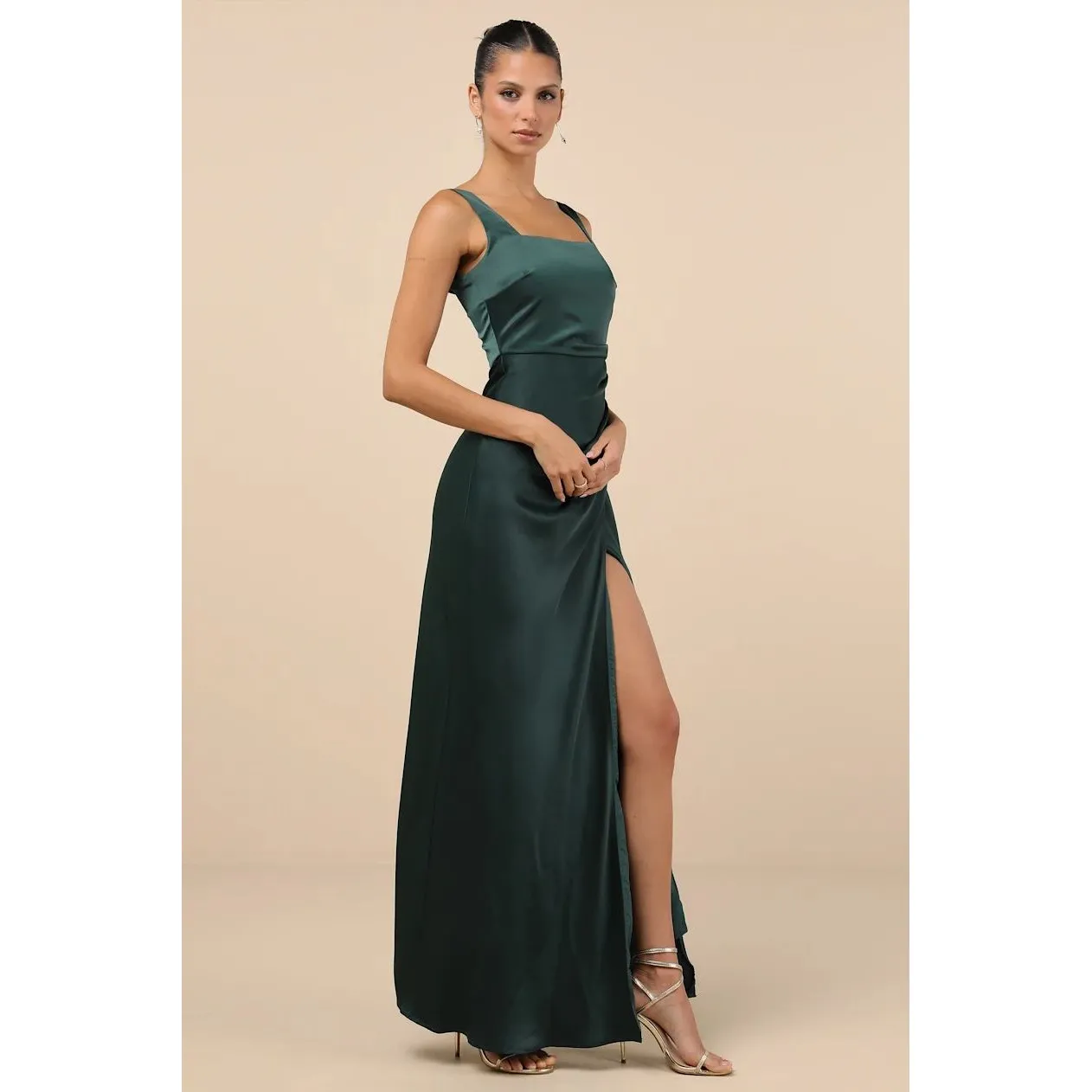 Lulus Emerald Green Satin Ruched Square Neck Maxi Dress Bridesmaid Formal S - Image 12