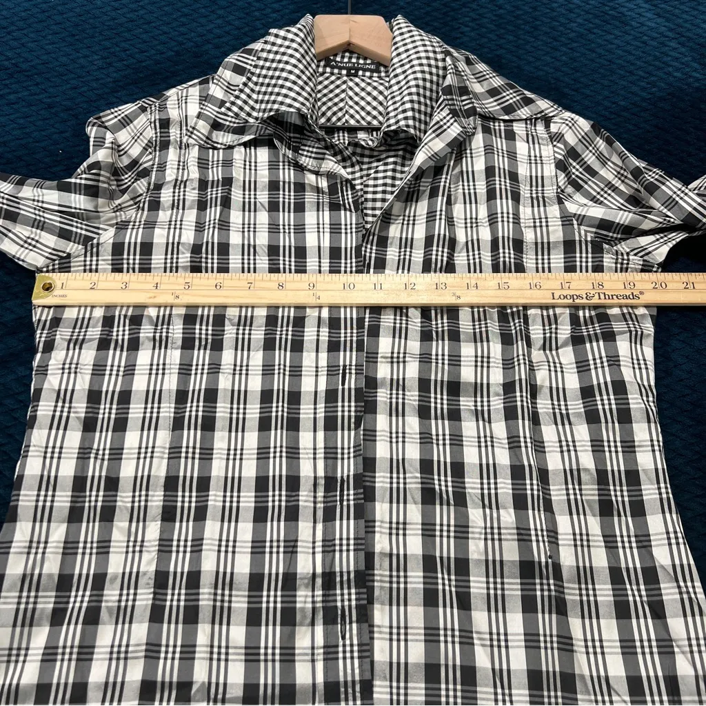 A'Nue Ligne Black White Silk Gingham Layered Double Collared Shirt Size M Black Size M - Image 14