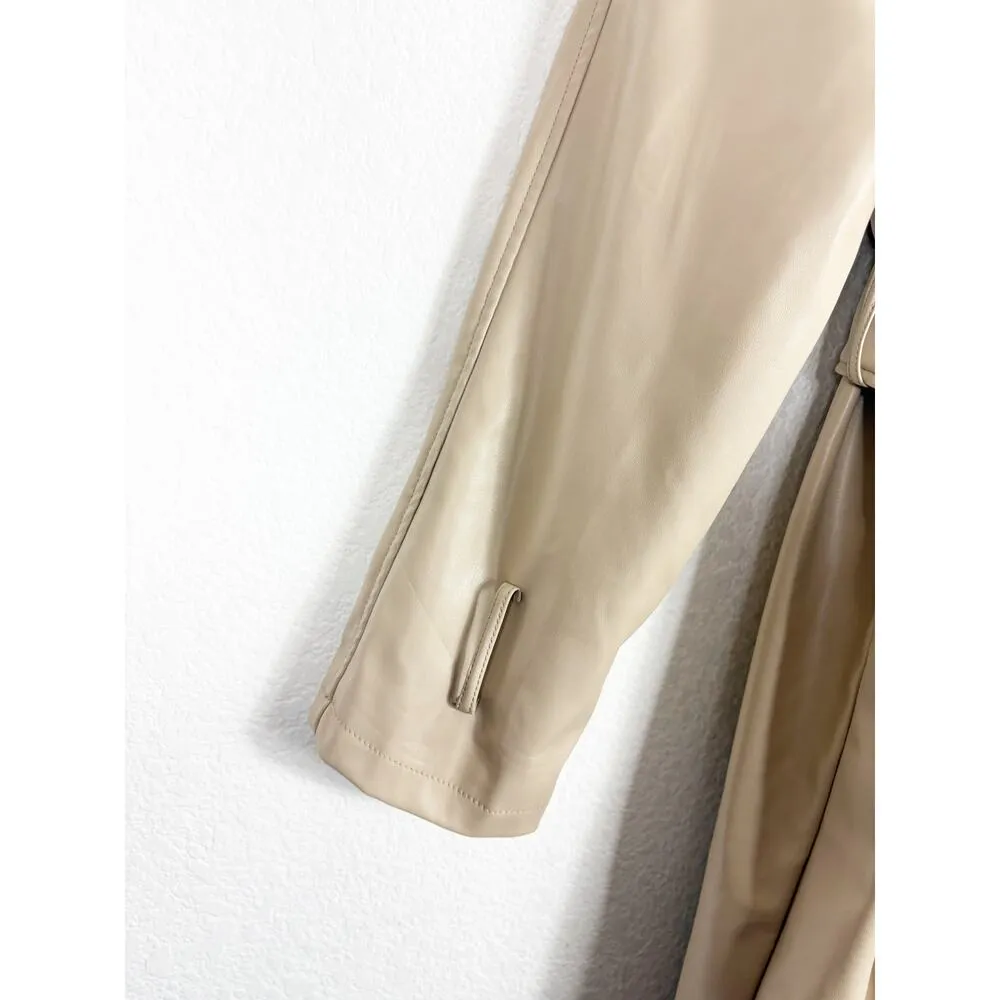 ASOS DESIGN Tan Faux Leather Trench Coat Size 12 Long Preppy Chic Minimalist - Image 10