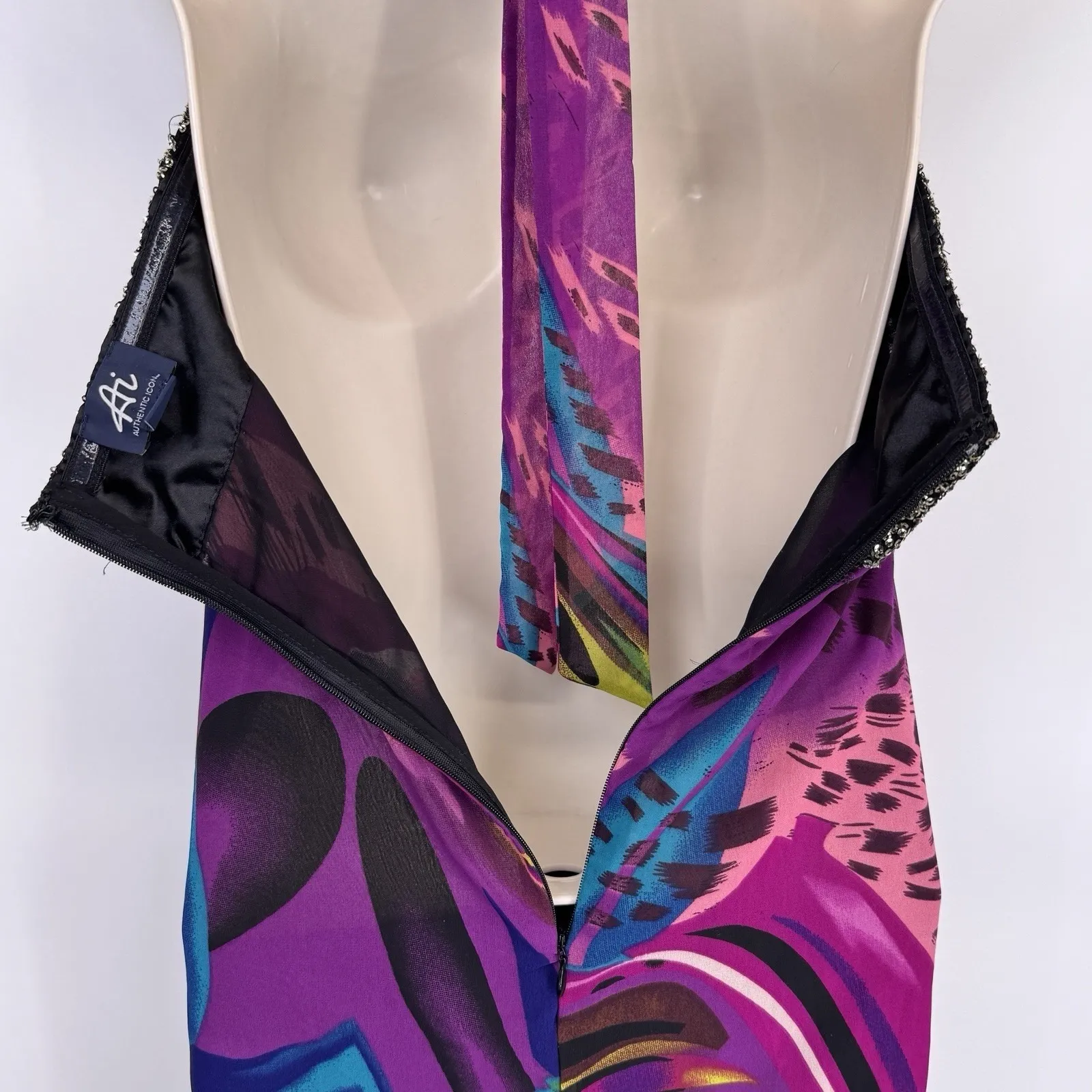 AI Authentic Icon Halter Dress Womens XS Purple Gold Sequin Flowy Boho Hippie - Image 10