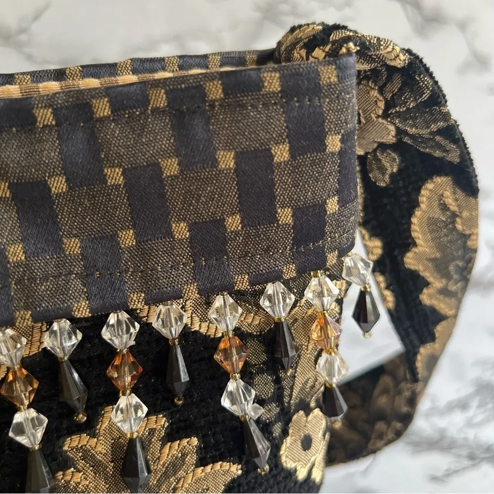 Bag Crossbody Shoulder Artisan Brocade Black Gold Metallic Beaded Tapestry - Image 10