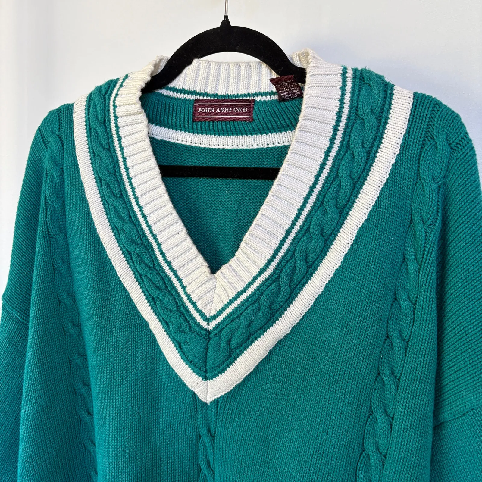 Vintage Teal Cableknit Academia Sweater College Preppy Knit Tennis V - Image 2